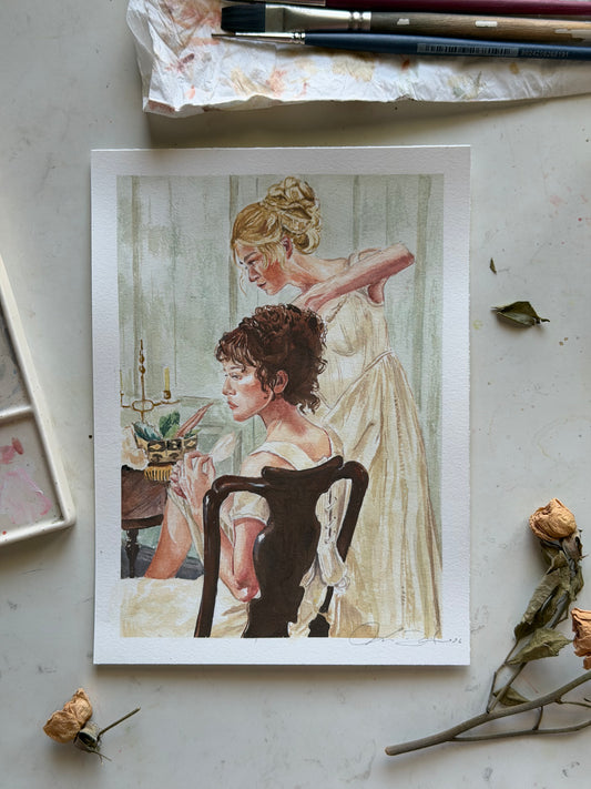 Elizabeth and Jane Bennet gouache illustration